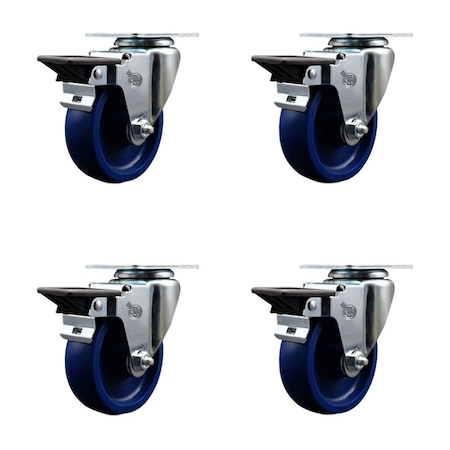Service Caster 4'' Solid Poly Wheel Swivel Top Plate Caster Set Posi Brake, 4PK SCC-20S414-SPUS-PLB-4